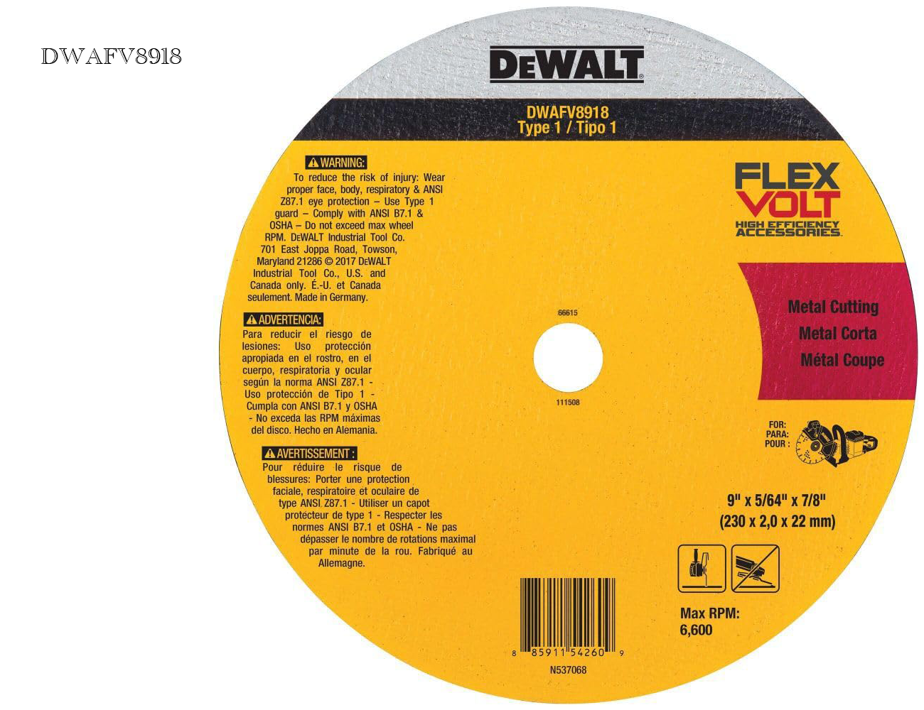 Dewalt DWAFV8918 FLEXVOLT® Ceramic Metal Cutoff Wheel Type 1